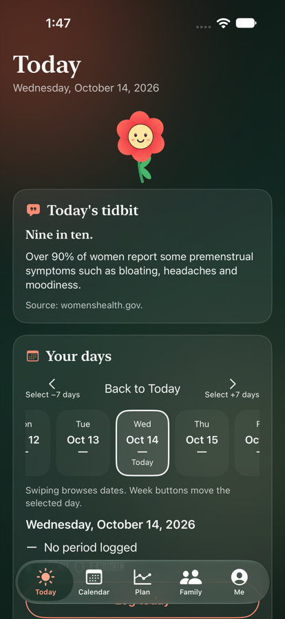 Adult Today screen with the cycle dial and how today may feel