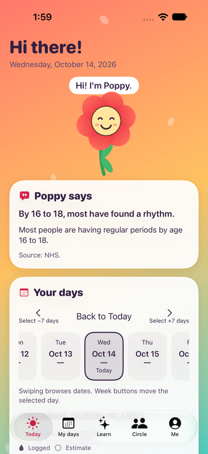 Youth Today screen with Poppy, a daily tidbit and the cycle dial